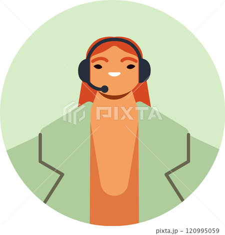 Smiling red haired female customer service or call center representative wearing a headset and a light green jacket, inside a green circle, offering assistance and support 120995059