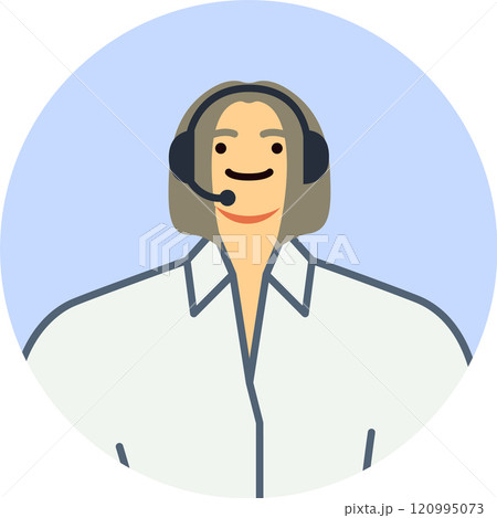 Friendly customer service representative wearing a headset, smiling warmly while providing assistance and support. Engaging in communication within a round icon design 120995073
