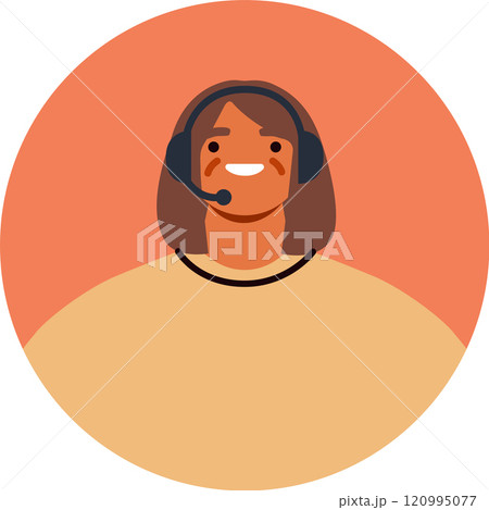 Friendly customer service representative smiling while wearing a headset, providing assistance and support, depicted in a modern, minimalist circle icon 120995077