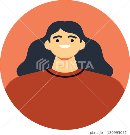 Confidently smiling, a young woman with long, dark hair showcases her vibrant personality in a stylish red top, creating a cheerful and positive portrait filled with energy 120995085