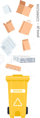 Different types of paper waste, including cardboard boxes, newspapers, and bags, falling into a yellow recycling bin labeled for paper, highlighting the importance of recycling for sustainability Different types of paper waste, including cardboard boxes, newspapers, and bags, falling into a yellow recycling bin labeled for paper, highlighting the importance of recycling for sustainability 120995208