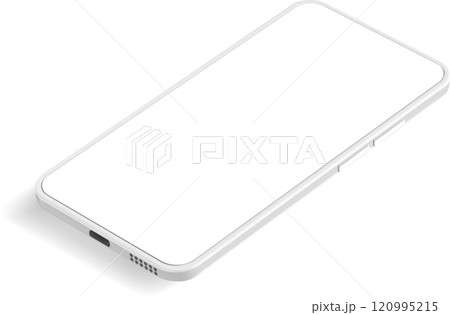 Clay style white smartphone with blank screen showing power and volume buttons lying on white background is perfect for showcasing mobile apps or websites 120995215