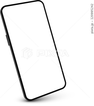 Realistic smartphone mockup featuring a blank white screen on a white background with subtle shadow, ideal for showcasing mobile apps, websites, or user interfaces 120995242