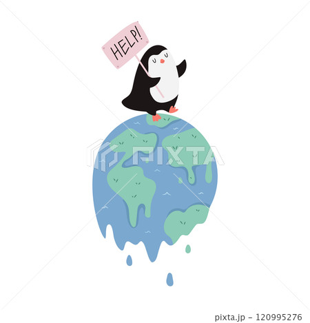 Cute Cartoon Vector Illustration of Planet Earth and Penguin Suffering from Global Warming Cute Cartoon Vector Illustration of Planet Earth and Penguin Suffering from Global Warming 120995276