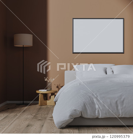 Empty horizontal frame mock-up in modern bedroom interior with brown mocha mousse color wall, 3d render 120995379