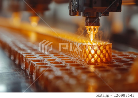 Close up shot showcases 3D printer constructing object layer layer professional environment highlighting technology and precision involved additive manufacturing. 120995543