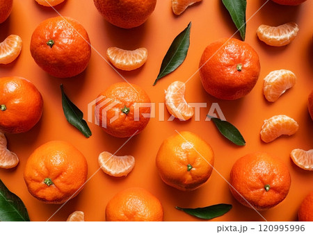 ランダムに置いたみかんの背景素材 120995996