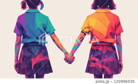 Image of two girls holding hands. Artificial intelligence.  120996030