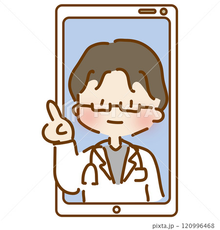 携帯電話でオンライン診療するゆるくて可愛い男性のお医者さん 120996468