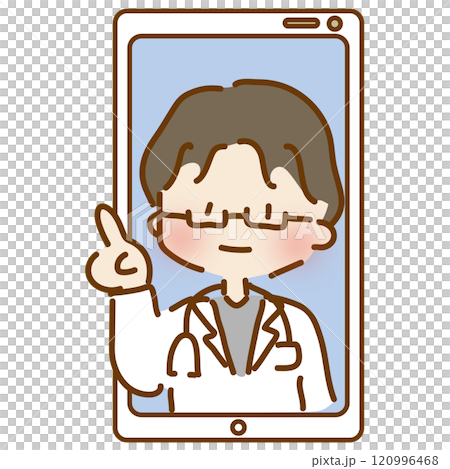 携帯電話でオンライン診療するゆるくて可愛い男性のお医者さん 120996468