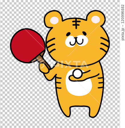 Tiger holding a table tennis racket and ball Tiger holding a table tennis racket and ball 120996882