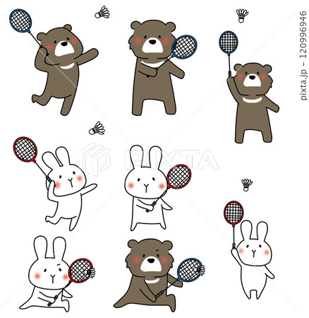 バドミントンをするツキノワグマと白いうさぎのセット 120996946