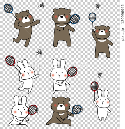 一組亞洲黑熊和白兔打羽毛球 一組亞洲黑熊和白兔打羽毛球 120996946