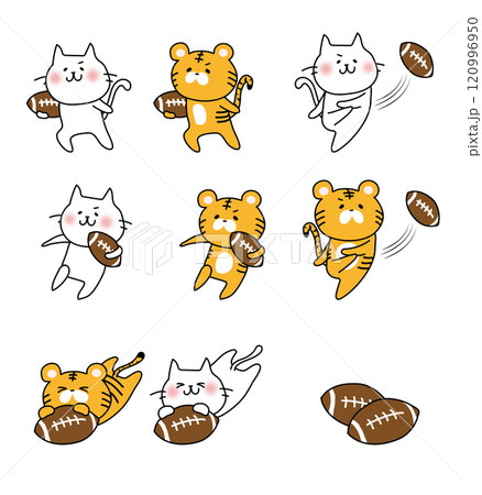 ラグビーをする白い猫とトラのセット ラグビーをする白い猫とトラのセット 120996950