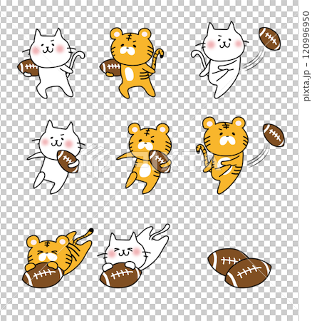 ラグビーをする白い猫とトラのセット ラグビーをする白い猫とトラのセット 120996950