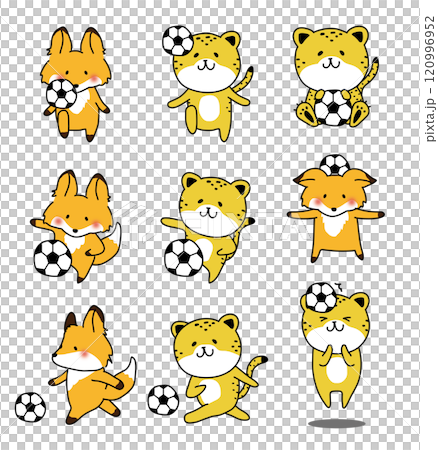 Set of fox and cheetah playing soccer 120996952