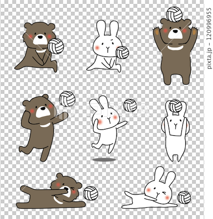 A set of a black bear and a white rabbit playing volleyball A set of a black bear and a white rabbit playing volleyball 120996955