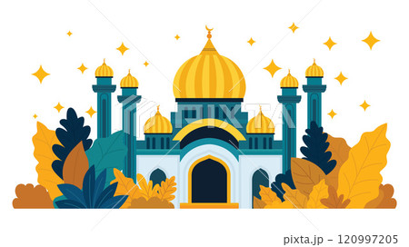 Flat Design Illustration of Golden Luxury Islamic Mosque Heritage Building with Floral Plant Flat Design Illustration of Golden Luxury Islamic Mosque Heritage Building with Floral Plant 120997205