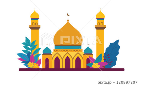 Flat Design Illustration of Golden Luxury Islamic Mosque Heritage Building with Floral Plant 120997207