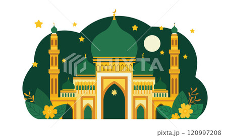 Flat Design Illustration of Green Islamic Mosque Heritage Building with Floral and Moon at Night Flat Design Illustration of Green Islamic Mosque Heritage Building with Floral and Moon at Night 120997208