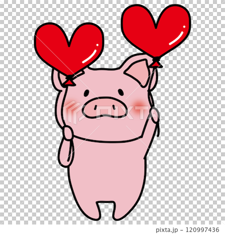 A pig holding a heart balloon A pig holding a heart balloon 120997436