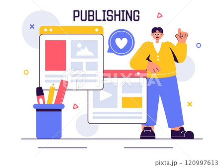 Digital Publishing Vector Illustration featuring Blog Content Marketing, Writing for Social Media, and Webpage Organization in a Flat Style Background 120997613