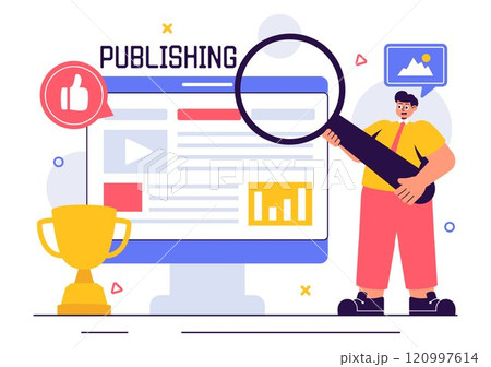 Digital Publishing Vector Illustration featuring Blog Content Marketing, Writing for Social Media, and Webpage Organization in a Flat Style Background 120997614
