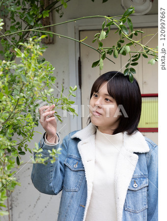 家の庭の植物を見ている女性 120997667