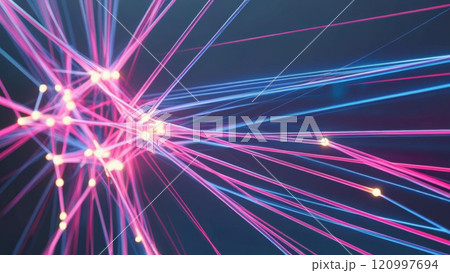 Vibrant neon pathways create abstract tech web with glowing fiber optics, showcasing ultra modern data visualization in dynamic background 120997694