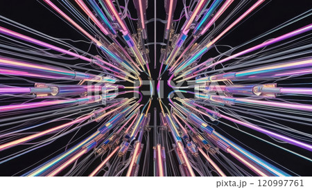 Dynamic light beams create interconnected holographic design, showcasing ultra modern technology. This optical fiber art captivates with vibrant colors and intricate patterns 120997761