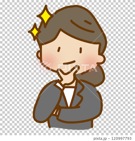 A cute, relaxed woman in a suit with her hand on her chin and a smug look on her face 120997793