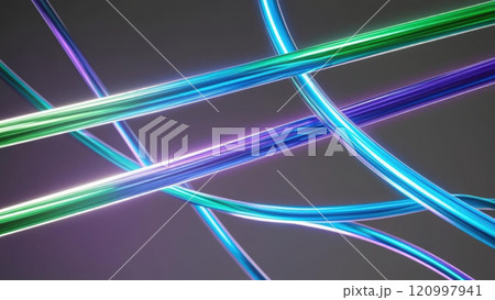 Vibrant optical threads create dynamic interaction of colors, showcasing modern technology in futuristic design. glowing fibers represent advanced bandwidth and connectivity 120997941
