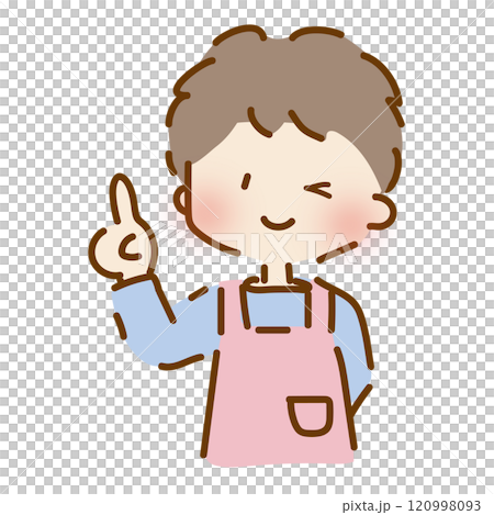 一個寬鬆可愛的男保育員,一邊眨眼一邊指著 一個寬鬆可愛的男保育員,一邊眨眼一邊指著 120998093