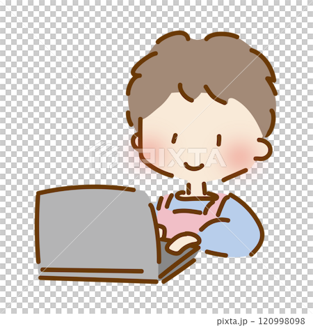 一位寬鬆可愛的男托兒所老師在電腦上工作 120998098