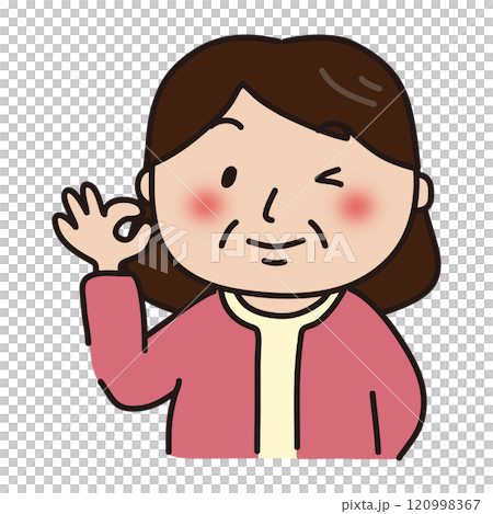 An old lady wearing a pink cardigan giving an OK sign An old lady wearing a pink cardigan giving an OK sign 120998367