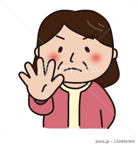 ストップのポーズをしているピンクのカーディガンを着たおばさん 120998369