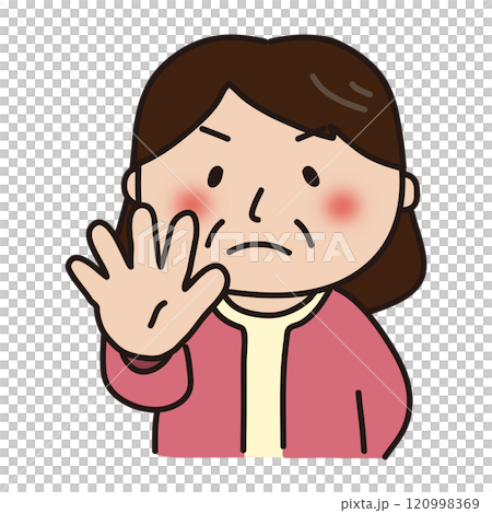 ストップのポーズをしているピンクのカーディガンを着たおばさん 120998369