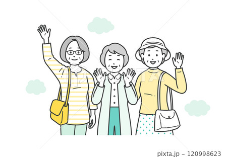 仲の良い高齢女性グループが旅行先で楽しんでいる上半身イラスト 120998623