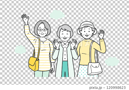 仲の良い高齢女性グループが旅行先で楽しんでいる上半身イラスト 120998623