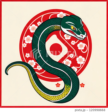イラスト寄りの緑の蛇と丸い和柄背景の素材 120998668