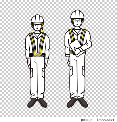 A simple full-body illustration set of men and women wearing reflective vests working in civil engineering and construction A simple full-body illustration set of men and women wearing reflective vests working in civil engineering and construction 120998834