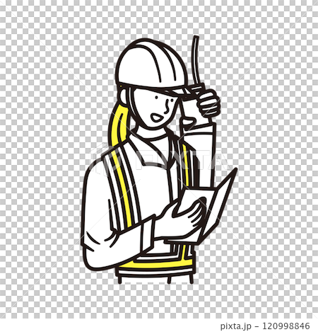 Illustration material of a woman wearing a reflective vest working in civil engineering or construction having a meeting on a walkie-talkie 120998846