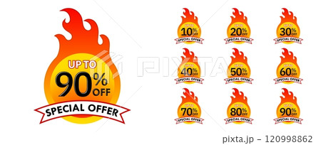 Sale tags set vector badges template, up to 10, 20, 30, 40, 50, 60, 70, 80, 90 percent off, vector illustration isolated on white background. Price off tag icon flat design collection set. Up to Sale tags set vector badges template, up to 10, 20, 30, 40, 50, 60, 70, 80, 90 percent off, vector illustration isolated on white background. Price off tag icon flat design collection set. Up to 120998862