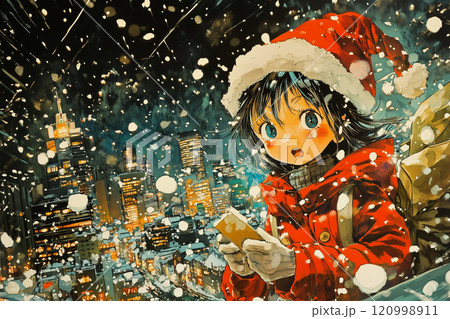 Anime girl in red coat and Santa hat, surprised in snowy city 120998911