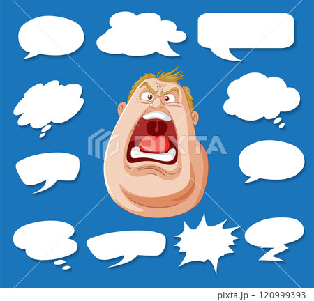 Expressive Cartoon Character with Speech Bubbles 120999393
