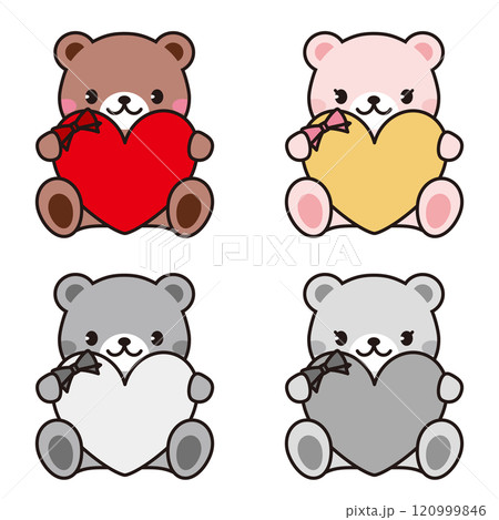 ハートを持ったクマのイラストセット 線画 バレンタイン 母の日 テディベア ハートを持ったクマのイラストセット 線画 バレンタイン 母の日 テディベア 120999846