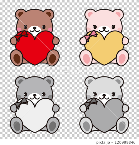 ハートを持ったクマのイラストセット 線画 バレンタイン 母の日 テディベア ハートを持ったクマのイラストセット 線画 バレンタイン 母の日 テディベア 120999846