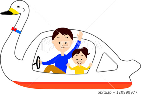 スワンボートに乗る親子 120999977