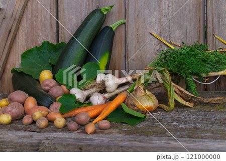 Freshly harvested healthy farm vegetables on rustic table 121000000