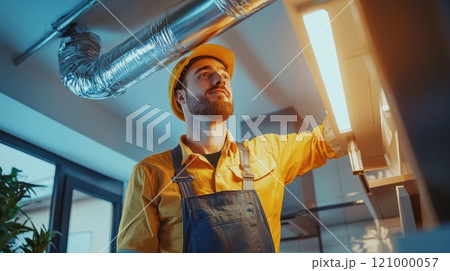 Technician Inspecting Air Ducts with Advanced Equipment for Quality 121000057